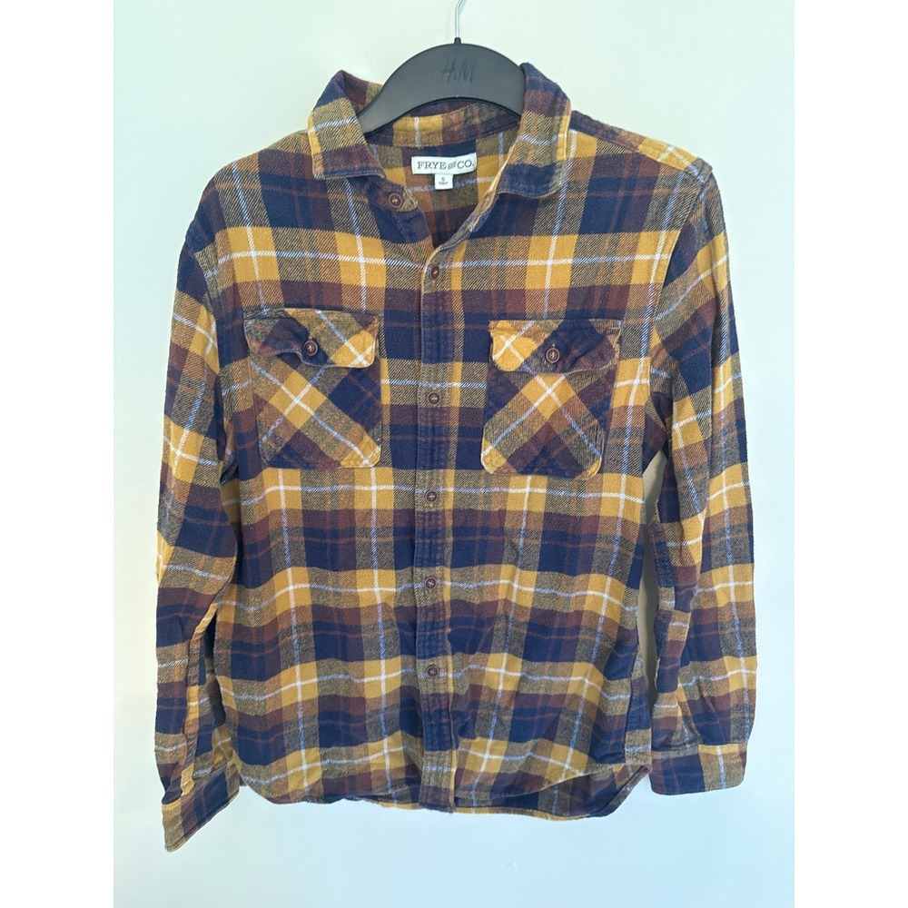 Frye and Co. Mens Small Mustard Yellow Navy Blue Plaid Cotton Flannel Shirt